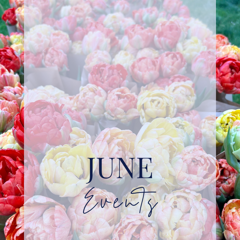 flowers from farmers market with June Events overlay